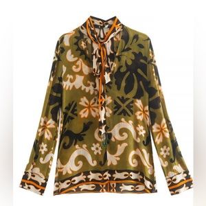 NWT ZARA Flaxmaker Retro Tie Neck Shirt with Beads Size S